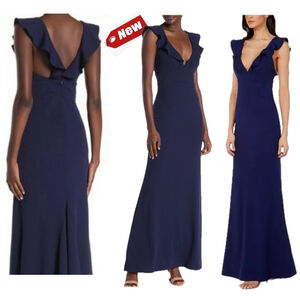 Lulu’s navy blue ruffle frill V neckline sleeveless pleated mermaid maxi dress M